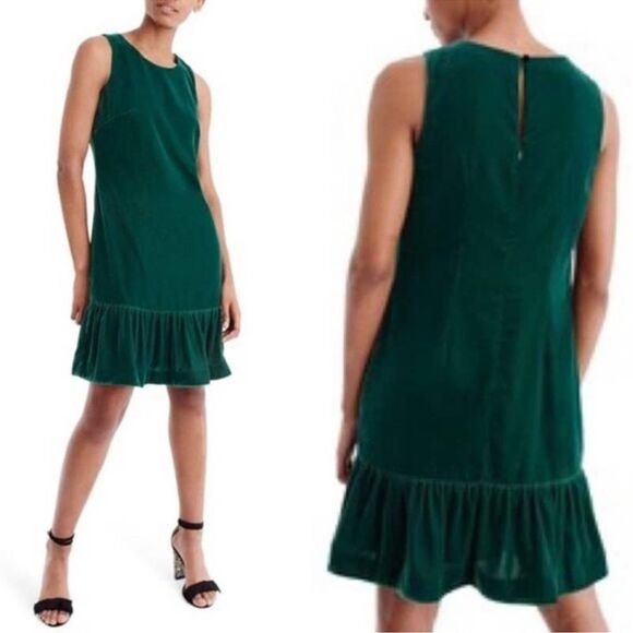 J. Crew Velvet Ruffle Hem Sleeveless Mini Dress in Emerald Green NEW Size 14 - Picture 1 of 9